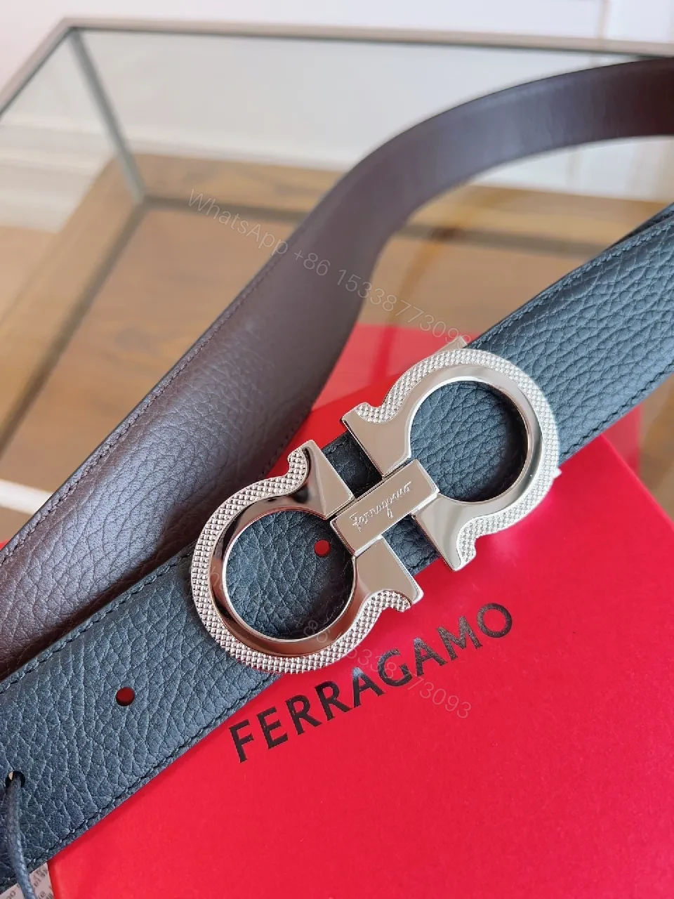 View 2 of Black Leather Contemporary Belt with Signature Hardware, Premium