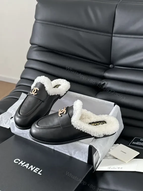 View 6 of Chanel-Inspired Black Leather Mules with Shearling Lining