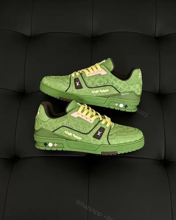 View 3 of Green LV-Style High-Top Sneakers with Signature Motif