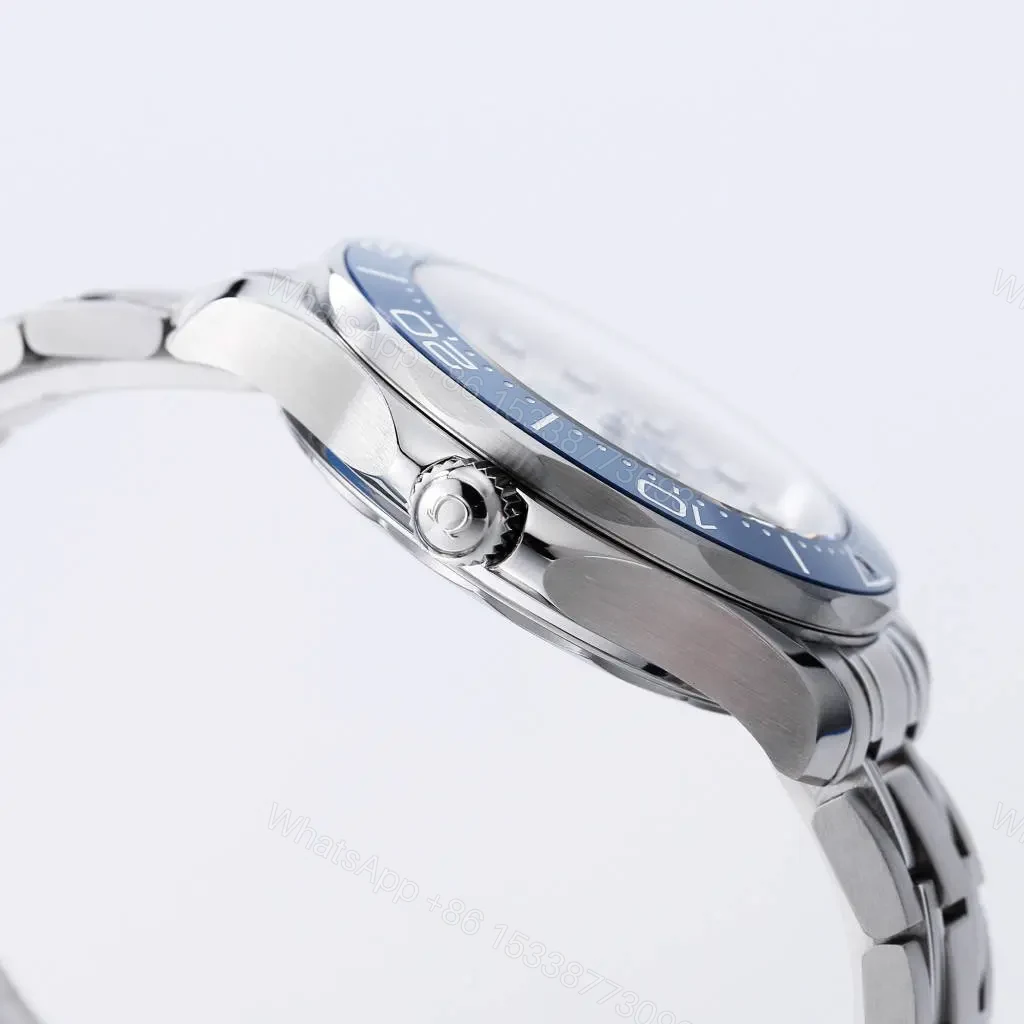 View 6 of Omega Seamaster 300M Replica Watch White Dial Blue Bezel 42mm Stainless Steel Case and Bracelet Custom 8800 Movement