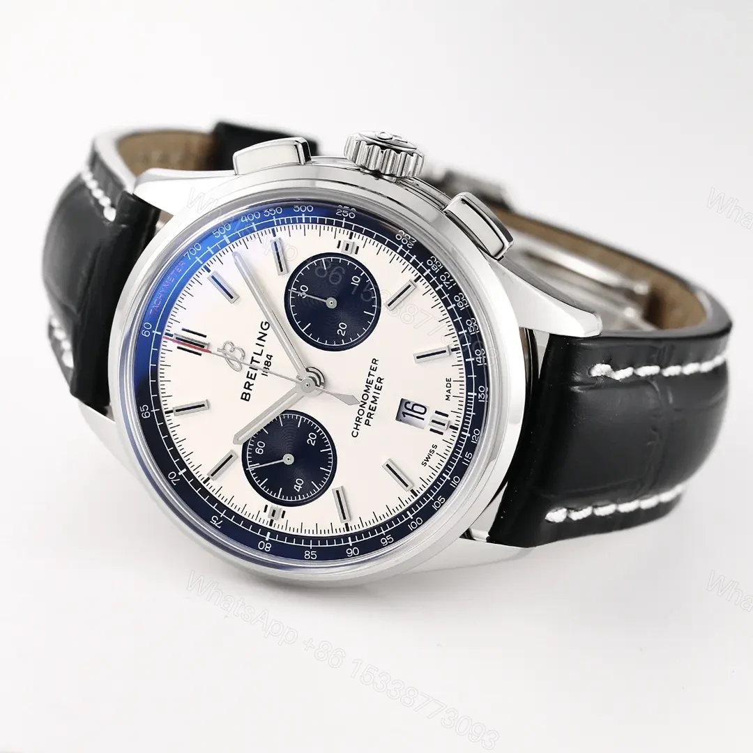 View 5 of GF Factory Breitling Premier B01 Chronograph Watch – Silver Dial, Blue Sub-dials, Black Leather Strap