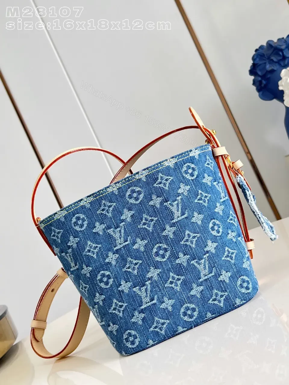 View 5 of Denim Monogram Satchel: Structured, Two-Tone Leather Trim Bag
