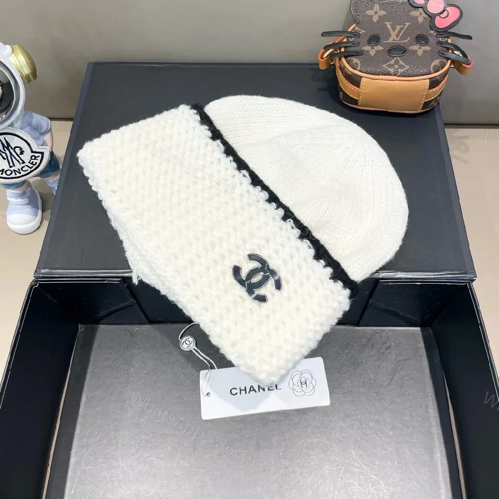 View 4 of White Knit Beanie - Luxe Chanel Accent, Classic Warmth