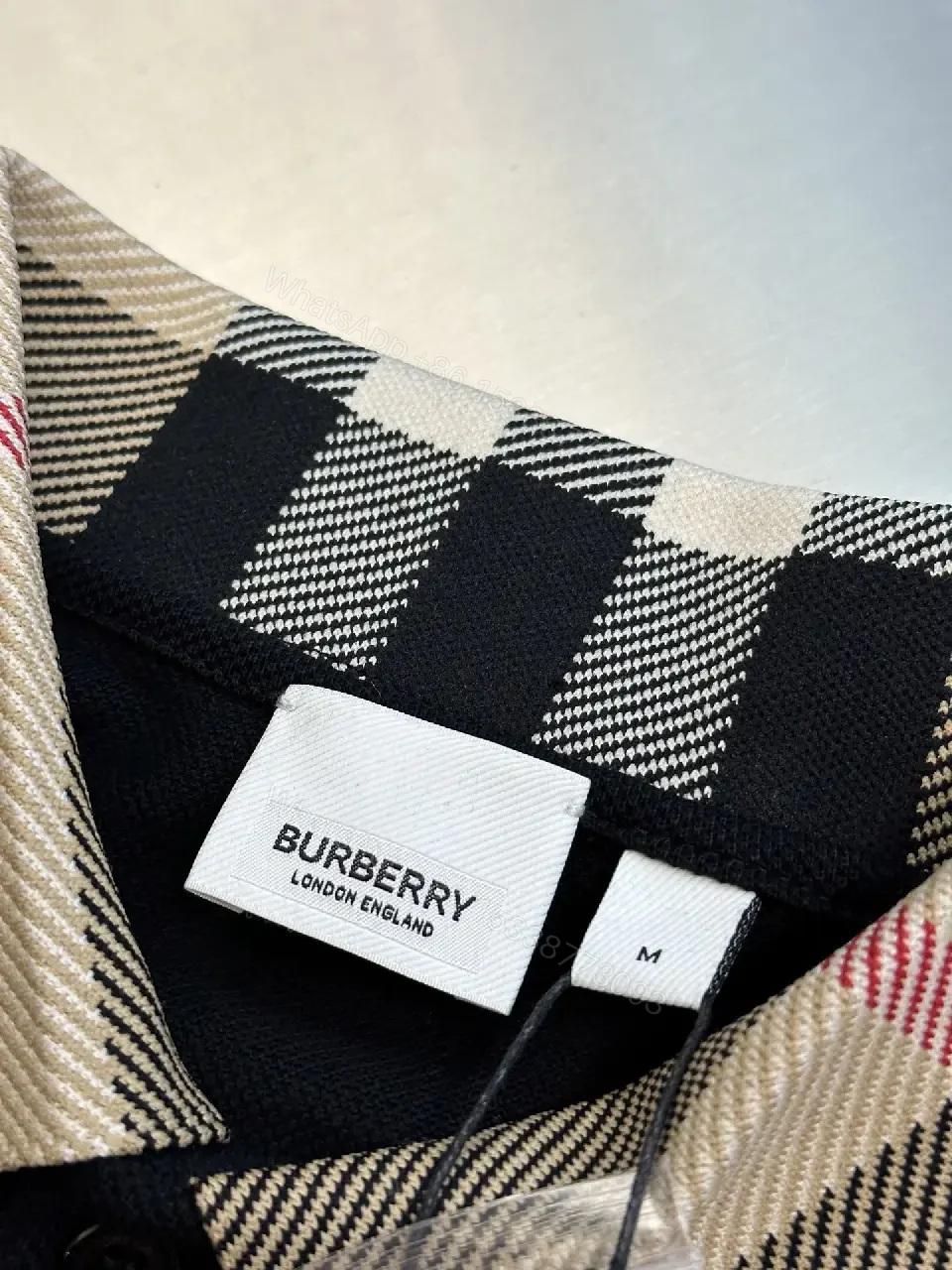 View 3 of Textured Knit Polo with Plaid Collar, All-Season Luxury polo