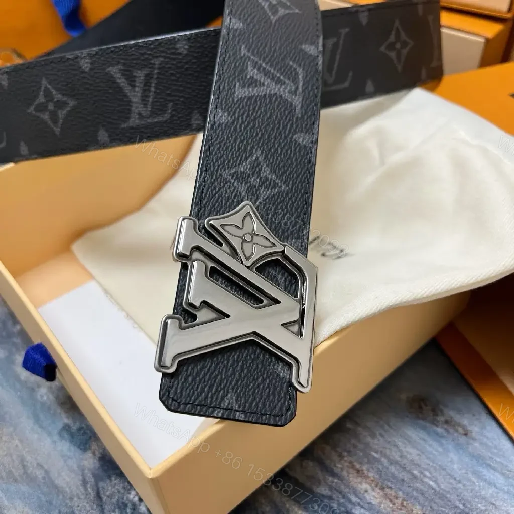 View 5 of Classic Leather Belt with Subtle Monogram, Dark Navy/Black, Premium Style