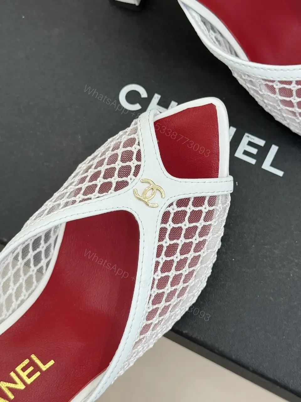 View 8 of White Mesh Leather Mule Heeled Slide Sandals
