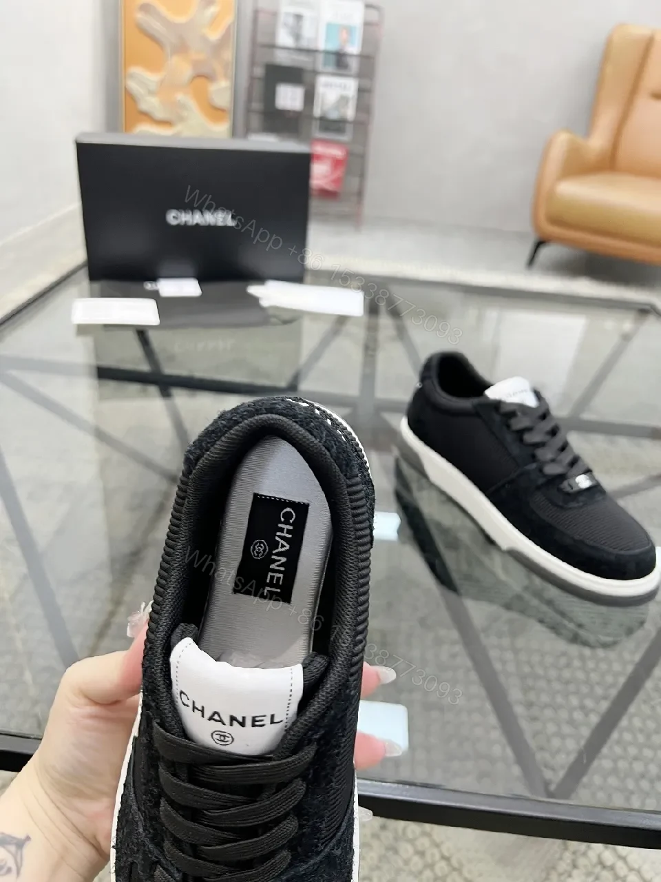 View 7 of Black Knit Sneaker + Leather-Texture Overlay + Minimalist + Signature Logo + Sneaker