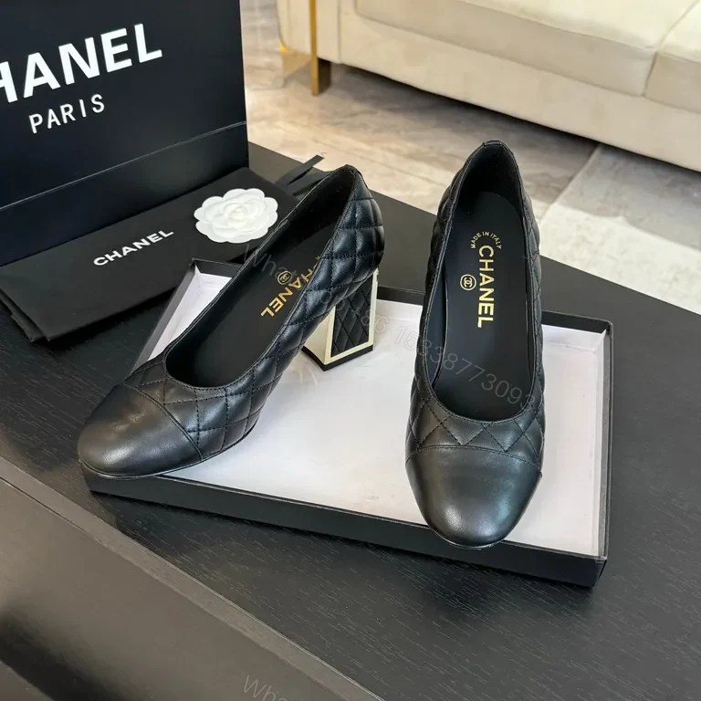 View 5 of Quilted Slip-On Heels - Black Leather, Classic Round Toe, All-Day Comfort