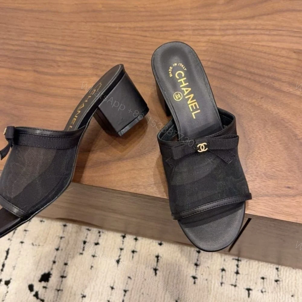 View 6 of Chanel Mesh Bow Block Heel Mules Black