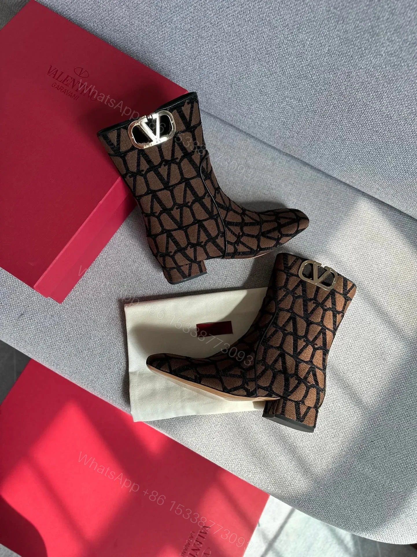 View 4 of Valentino Women Brown Fabric Logo Pattern Boots