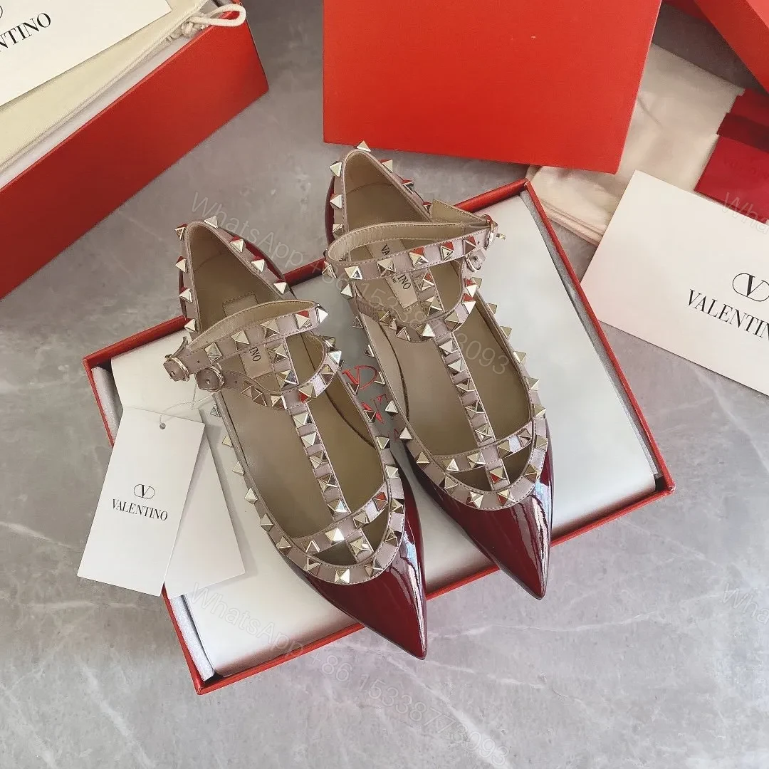 Valentino Women Burgundy Patent Leather Studded Flats — view 1