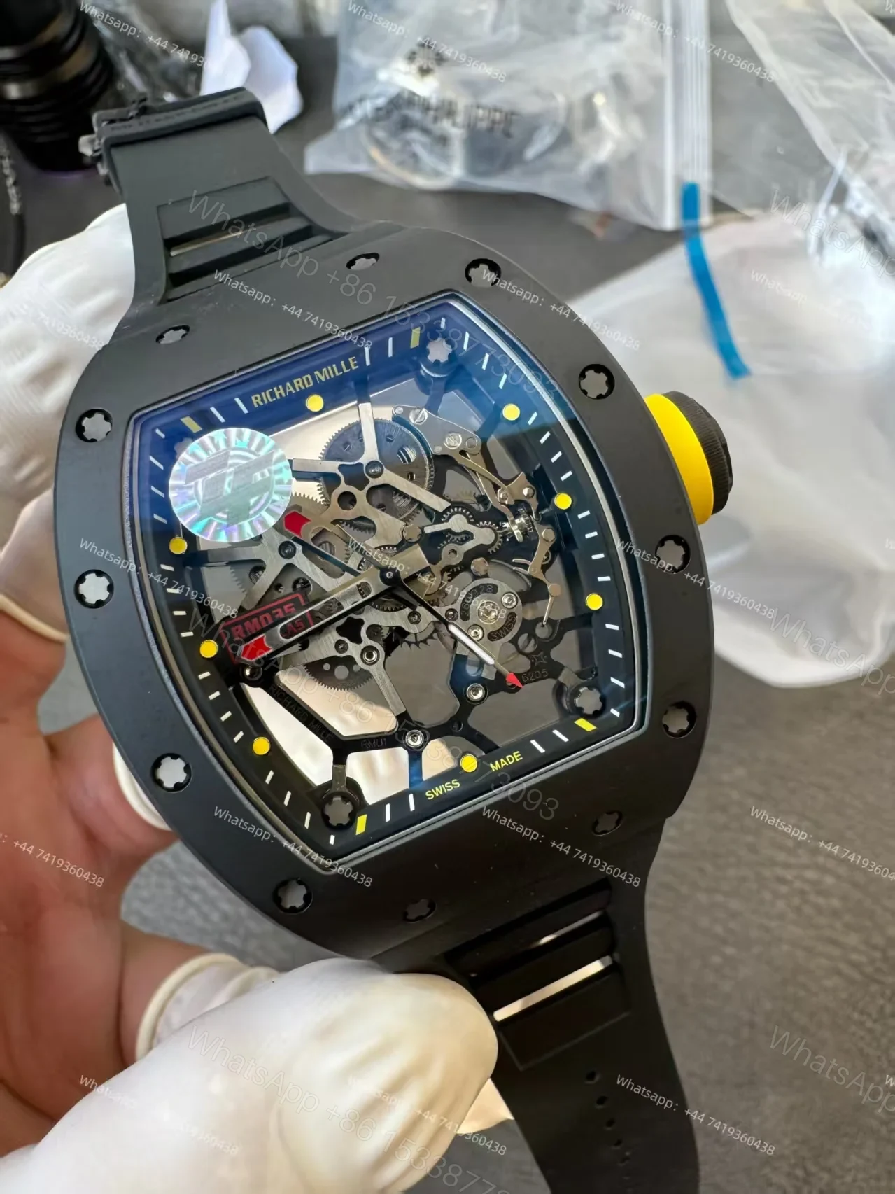 View 5 of Super Clone Richard Mille RM 035 Americas Black Ceramic Skeleton Black Rubber Strap 1:1 Replica Watch