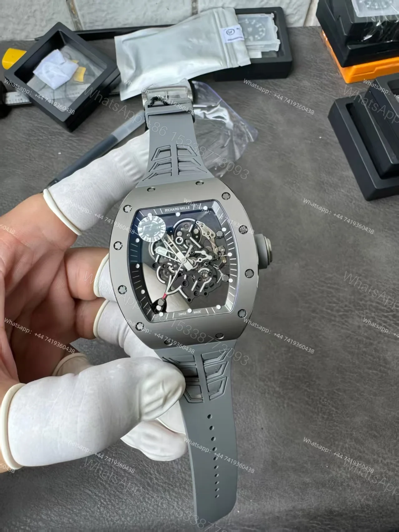 View 9 of Super Clone Richard Mille RM 055 Gray Ceramic Titanium Grey Rubber Strap 1:1 Replica Watch