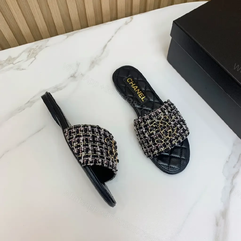 View 2 of Black Tweed Chain Slides Quilted Leather Modern Chanel Logo Sandals