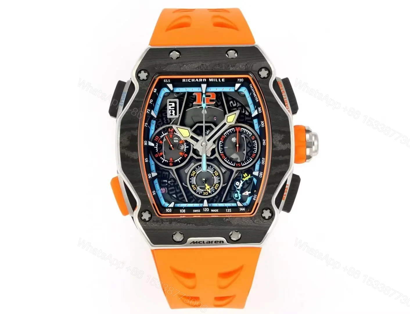 Richard Mille RM65-01 McLaren W1 Automatic Chronograph Watch Orange Strap Carbon TPT Titanium Skeleton Dial RMAC4 Movement Premium Edition RM65-01-MCL-W1-ORG — view 1