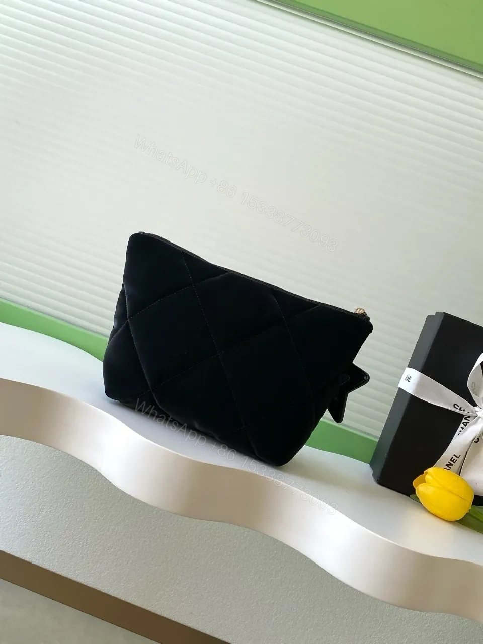 View 2 of Quilted Velvet Black Handbag with Gold Accent