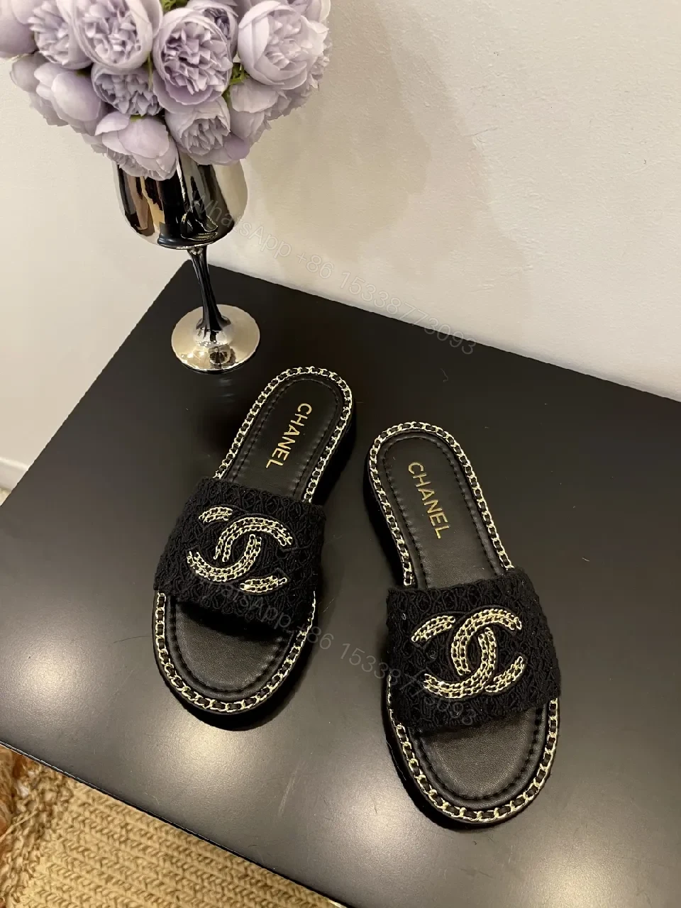 Black Crochet Slide with Gold Chain Trim, Luxe Comfort — view 1