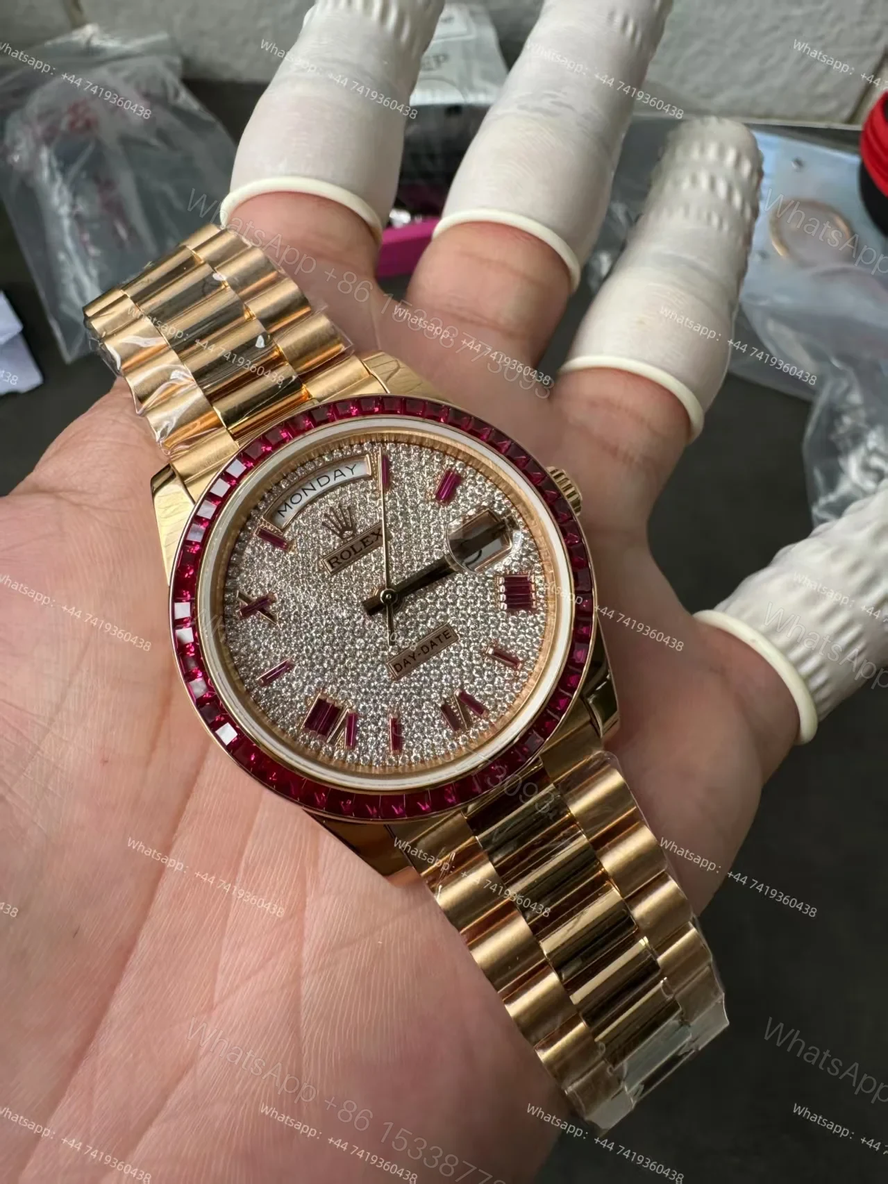 View 9 of Rolex Day-Date 228398TRU 1:1 Custom Edition Ruby & Moissanite Diamond Dial and Bezel 40MM 3255 Movement Super Clone Watch