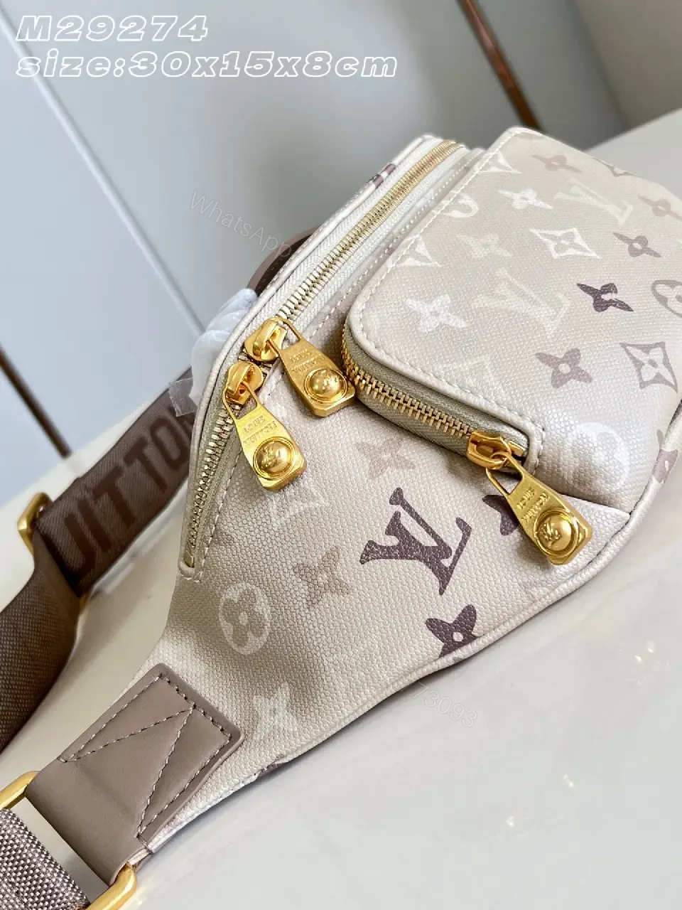 View 4 of Beige Canvas LV-Pattern Crossbody Bag with Gold Zippers