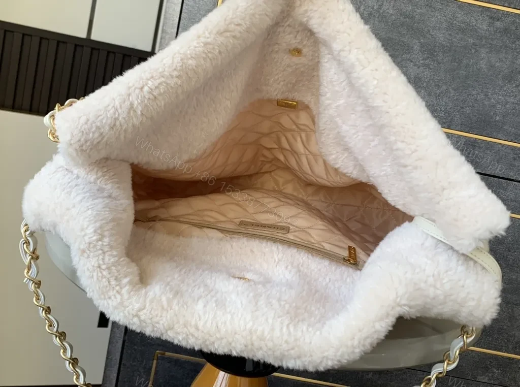 View 4 of Soft Texture Tote: Faux Shearling, Gold Chain, Couture Style