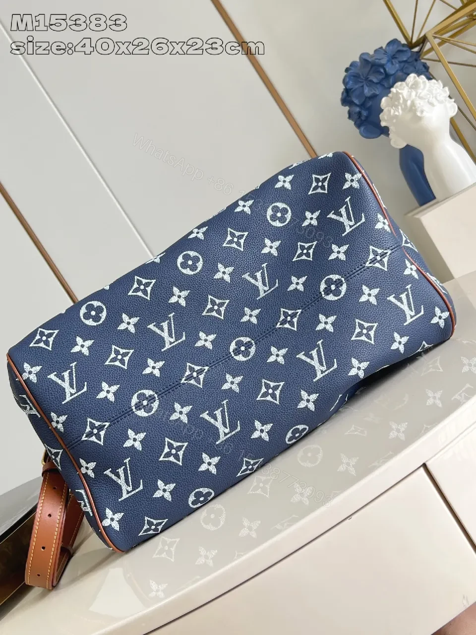 View 5 of Structured Luxe Carryall: Navy Monogram Tote with Cognac Leather