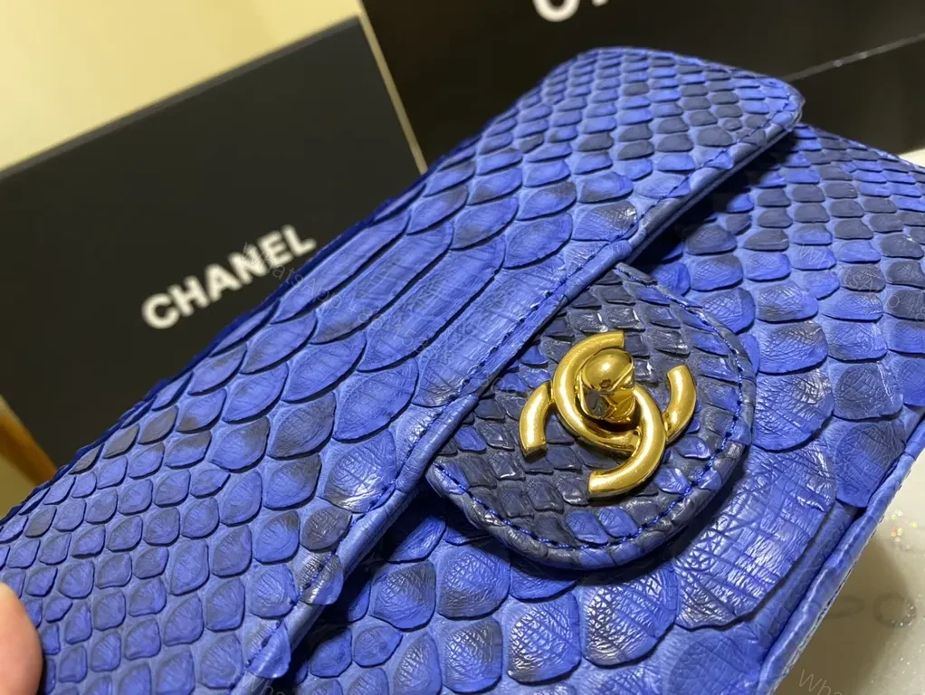View 2 of Blue Python-Texture Wallet Bag with Gold Logo Luxury Crossbody
