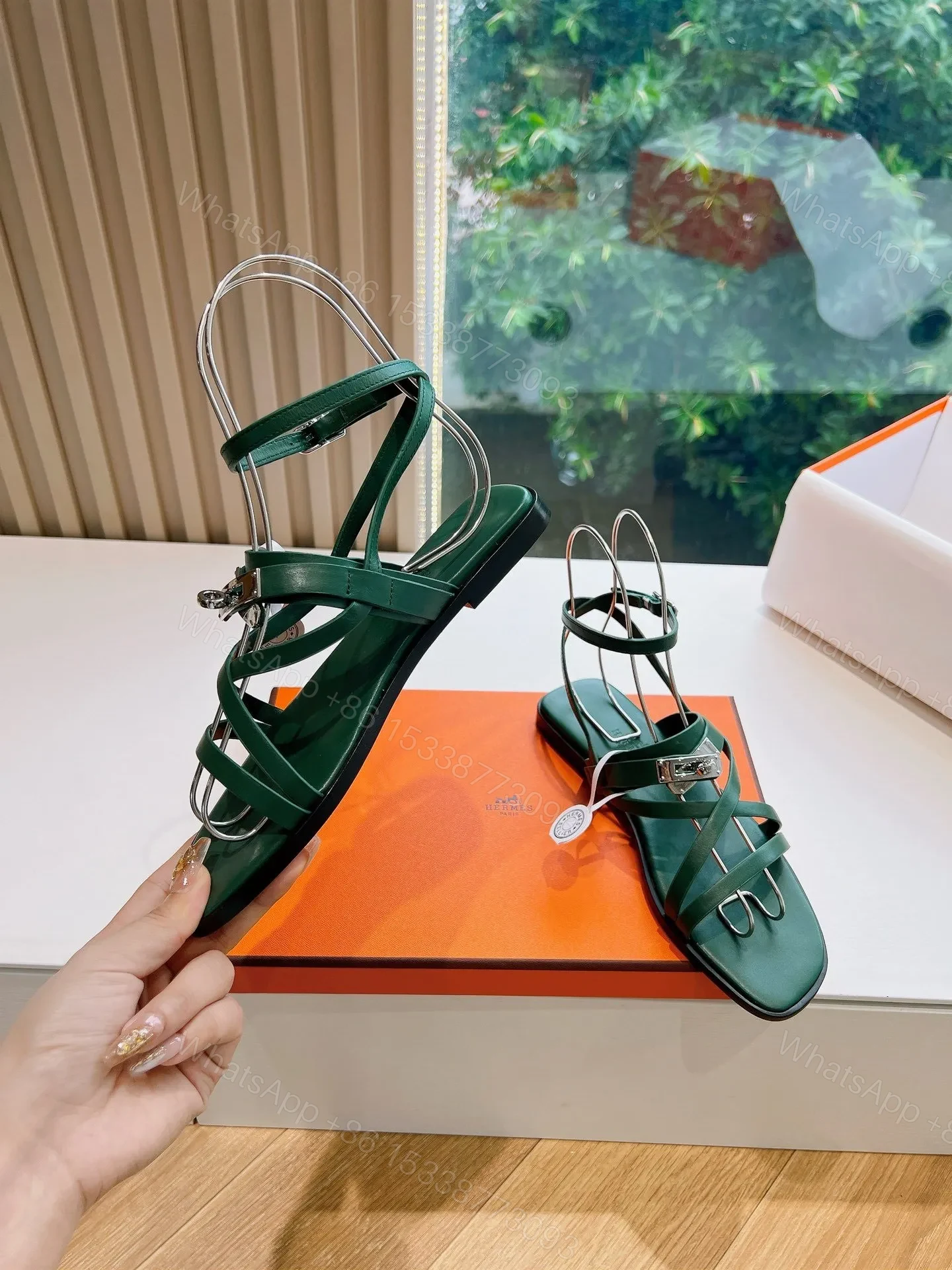 View 6 of Hermes Women Green Leather Strappy Sandals