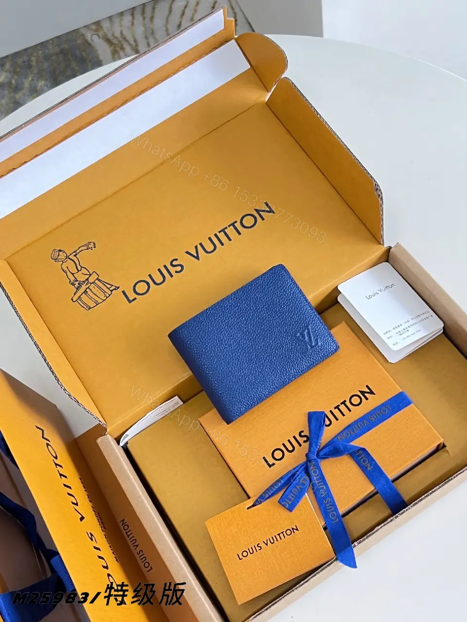 View 8 of Rich Royal Blue Leather Wallet Bi-fold with Orange LV Gift Box