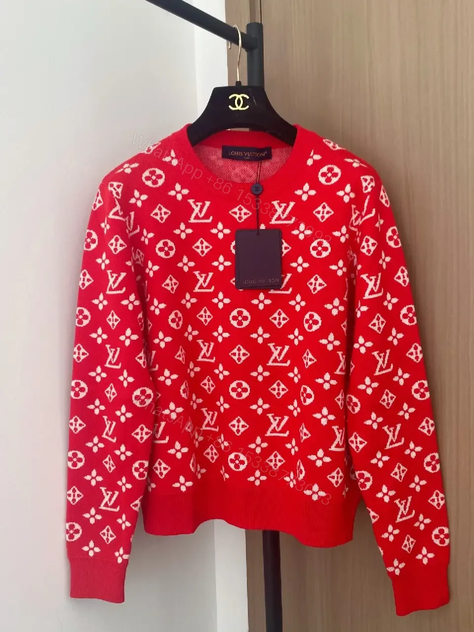 Red Knit Monogram Crew Neck—Bold Pattern & Cozy Warmth — view 1