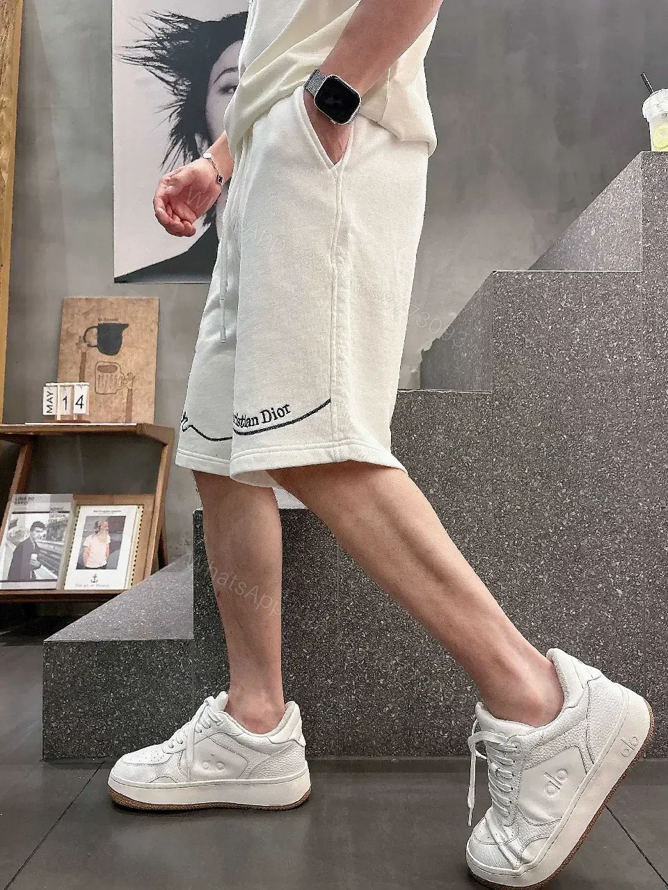 View 8 of White Knit Shorts Cotton Blend Casual Embroidered Script Short pants
