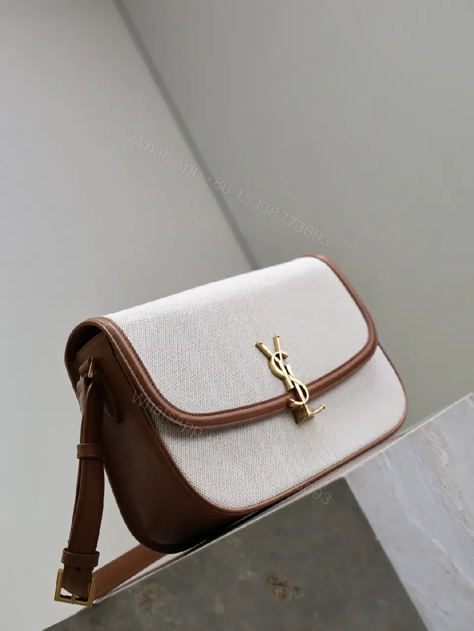 View 4 of Textured Crossbody Bag: Gold Hardware, Leather Trim, Chic Modern