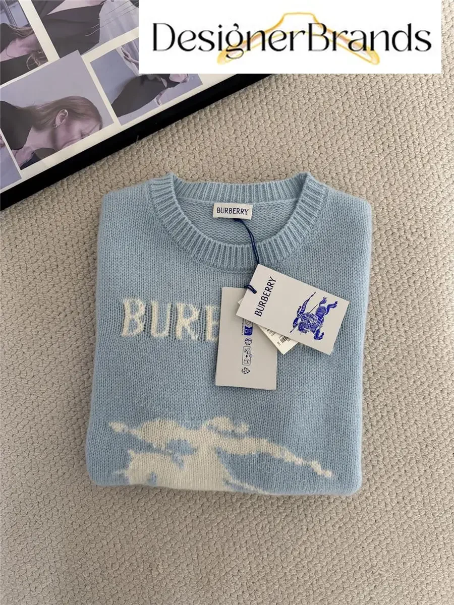 View 7 of Soft blue knit sweater, logo pony, cropped fit, premium casual style