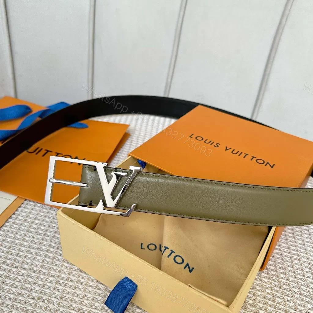 View 5 of Olive/Black Two-Tone Leather Belt with Metallic Buckle