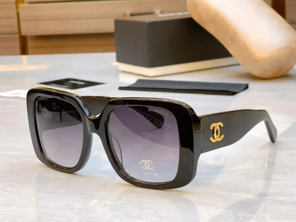 View 9 of Oversized Square Sunglasses - Black Acetate, Gold Logo, UV400 Protection