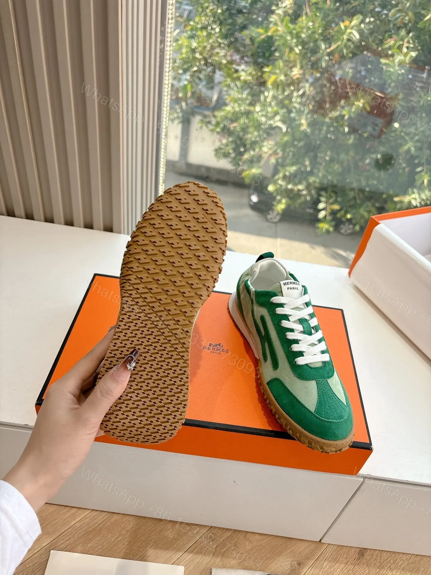 View 2 of Hermes Women Green Suede Canvas Sneakers