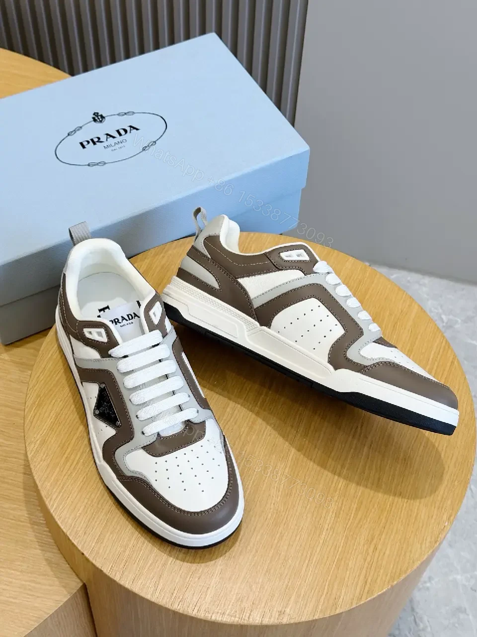 View 8 of White Brown Leather Sneaker with 3D Prada Logo, Lightweight Casual Shoes