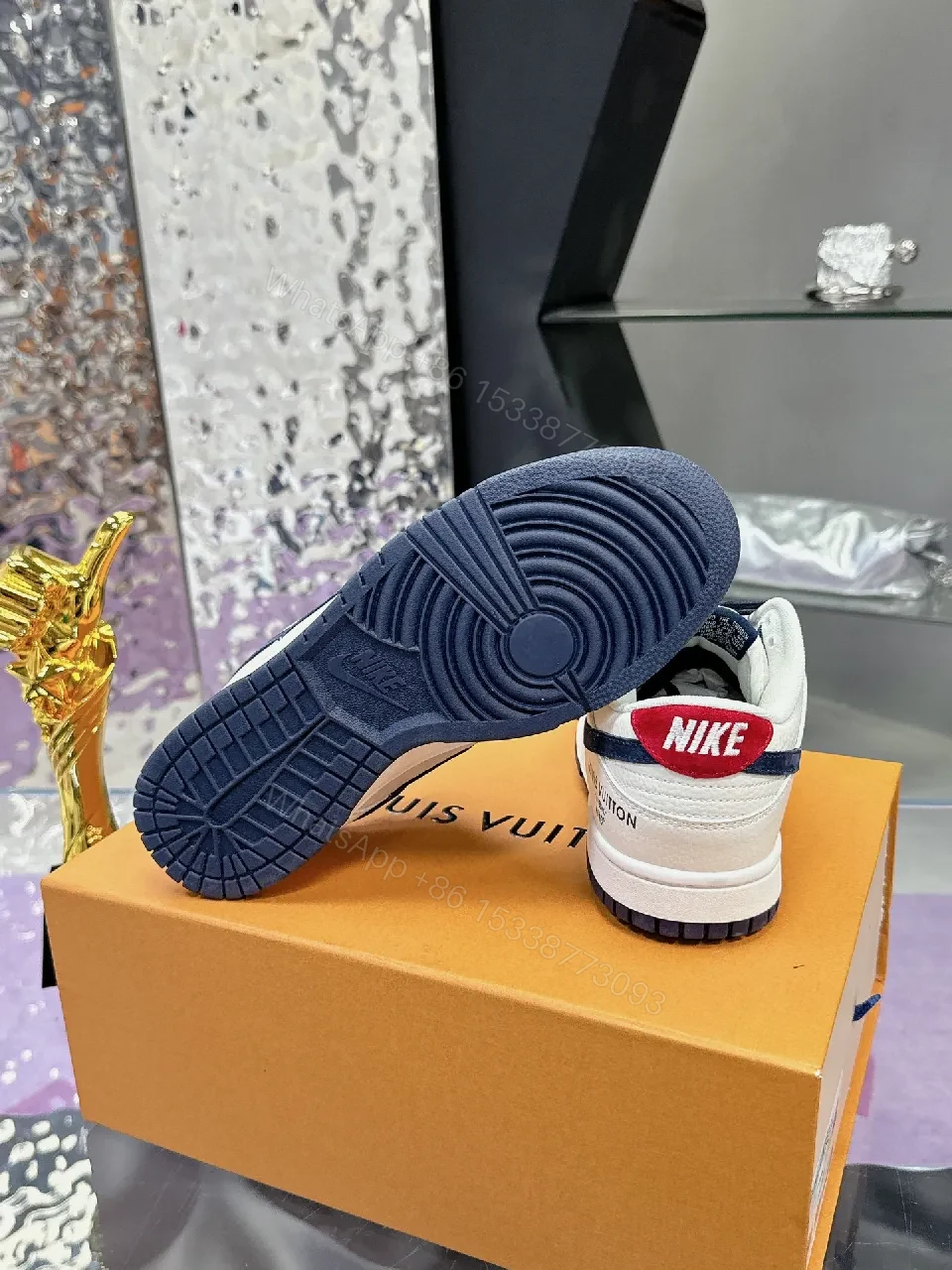 View 7 of White Leather Navy Accented Low-Top Sneakers: Premium Comfort, Subtle LV-Inspired Detailing