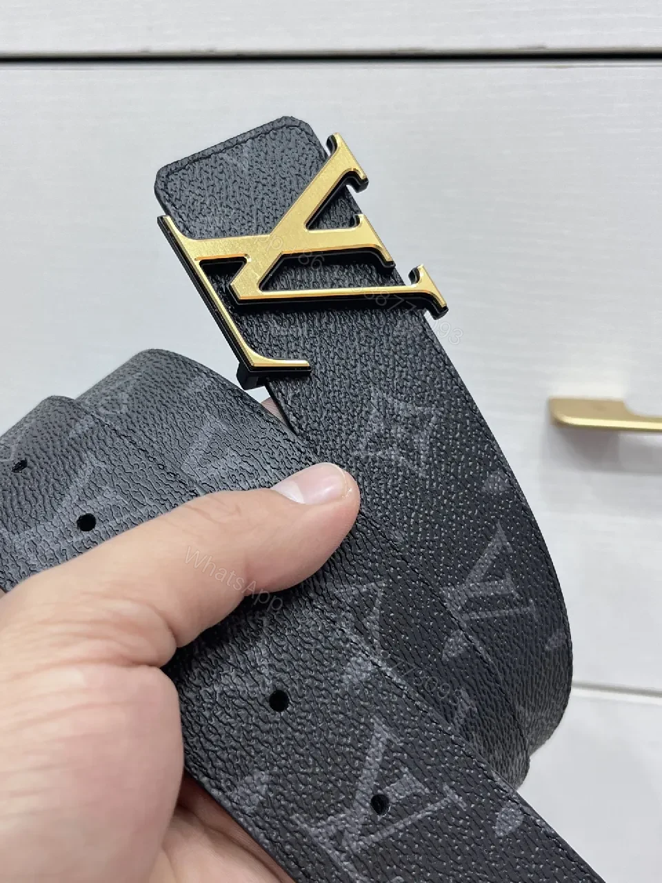 View 3 of Glam Black Leather Belt with Gold Buckle Signature LV-inspired