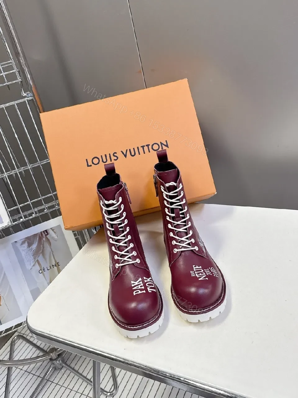 Bold Burgundy Combat Boots with Contrast Stitching and Zipper — view 1