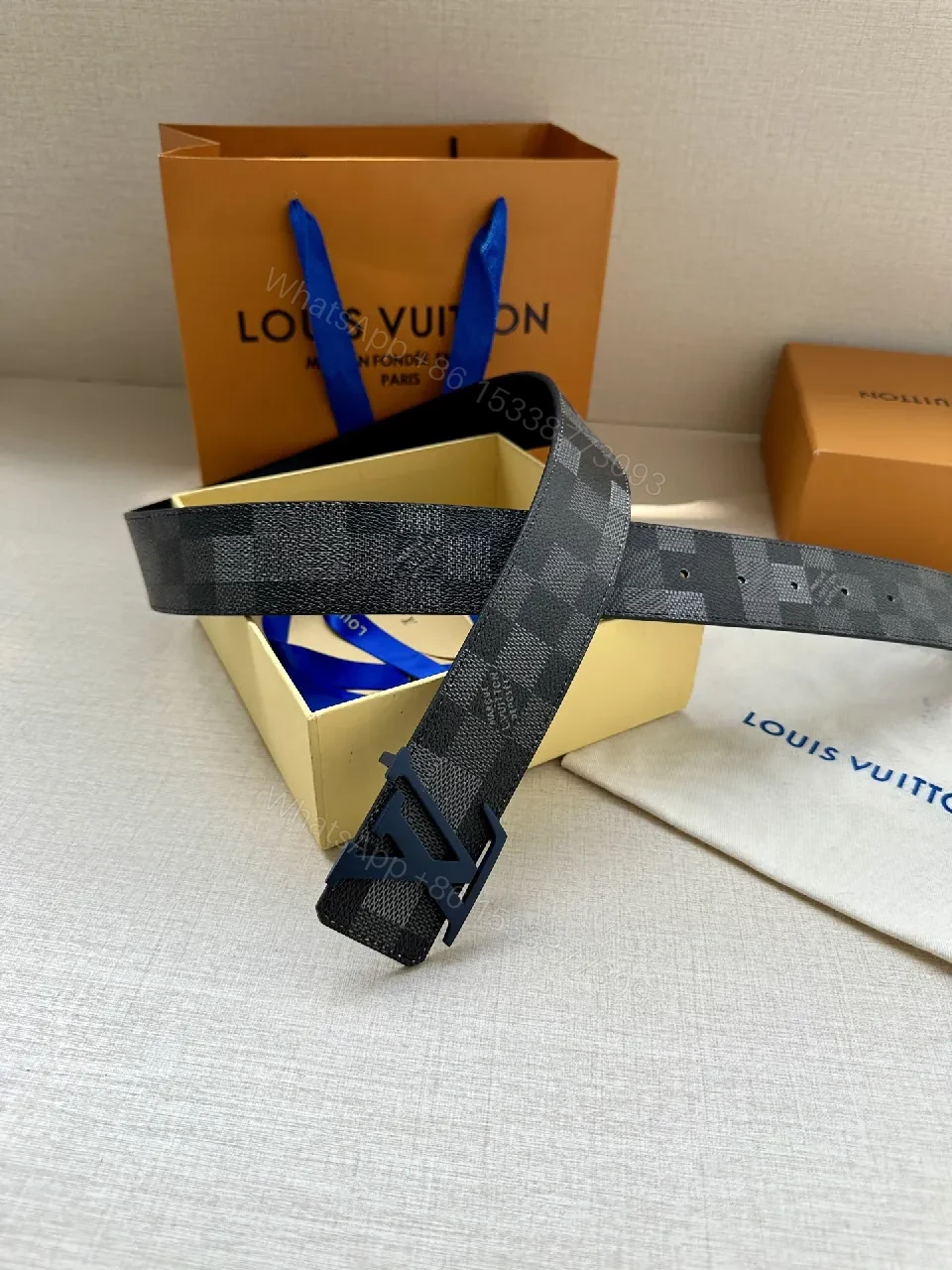 View 5 of Monochrome Checkered Belt with LV Buckle - Premium Leather Belt