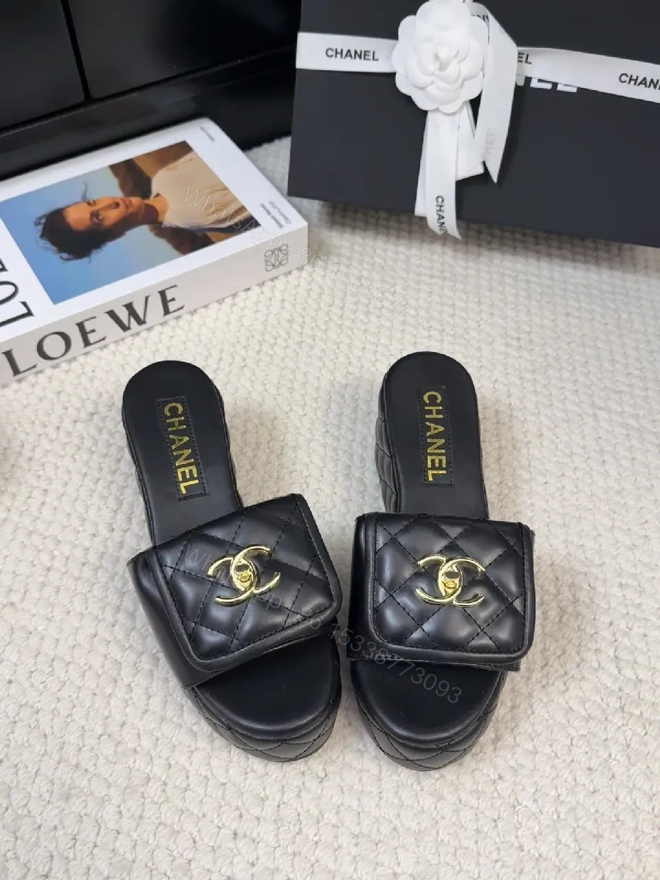 View 5 of Quilted Leather Slides with Gold Logo Sandals