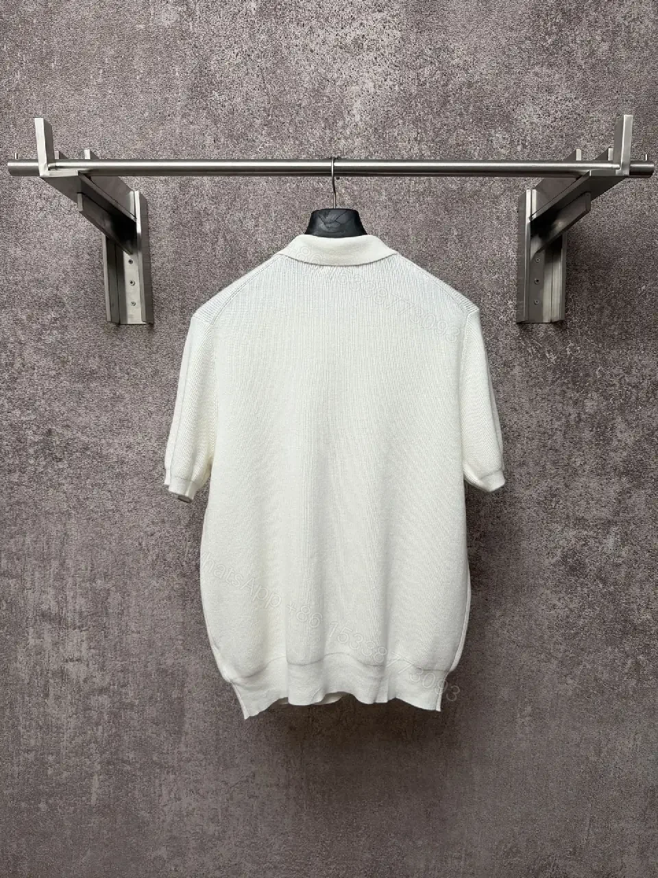 View 12 of Off-White Cream Ribbed Knit Polo Sweater, Short Sleeve, Drop-Shoulder