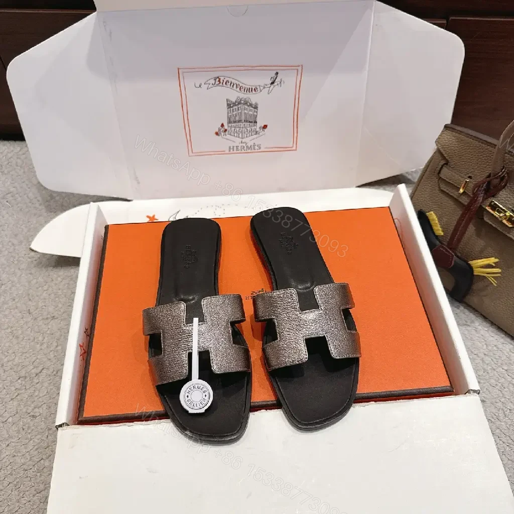 View 9 of Silver Hermès-Style H Sandals, Metallic Strappy Slide, Luxury Open Toe Slide