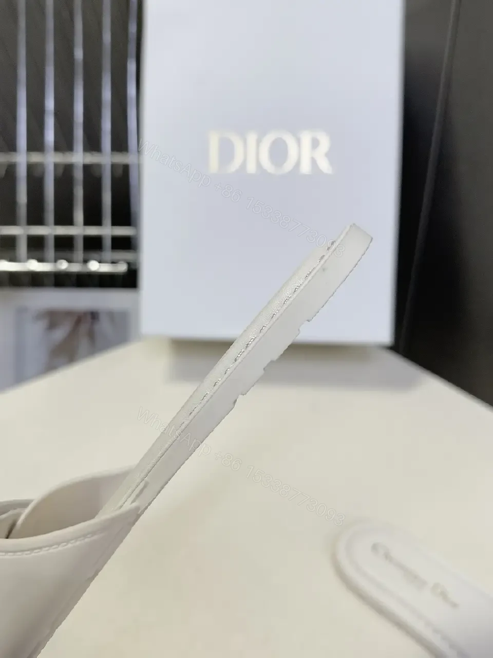 View 5 of White Leather Sandals: Luxe Minimalist Dior-Logo Strap Sandals
