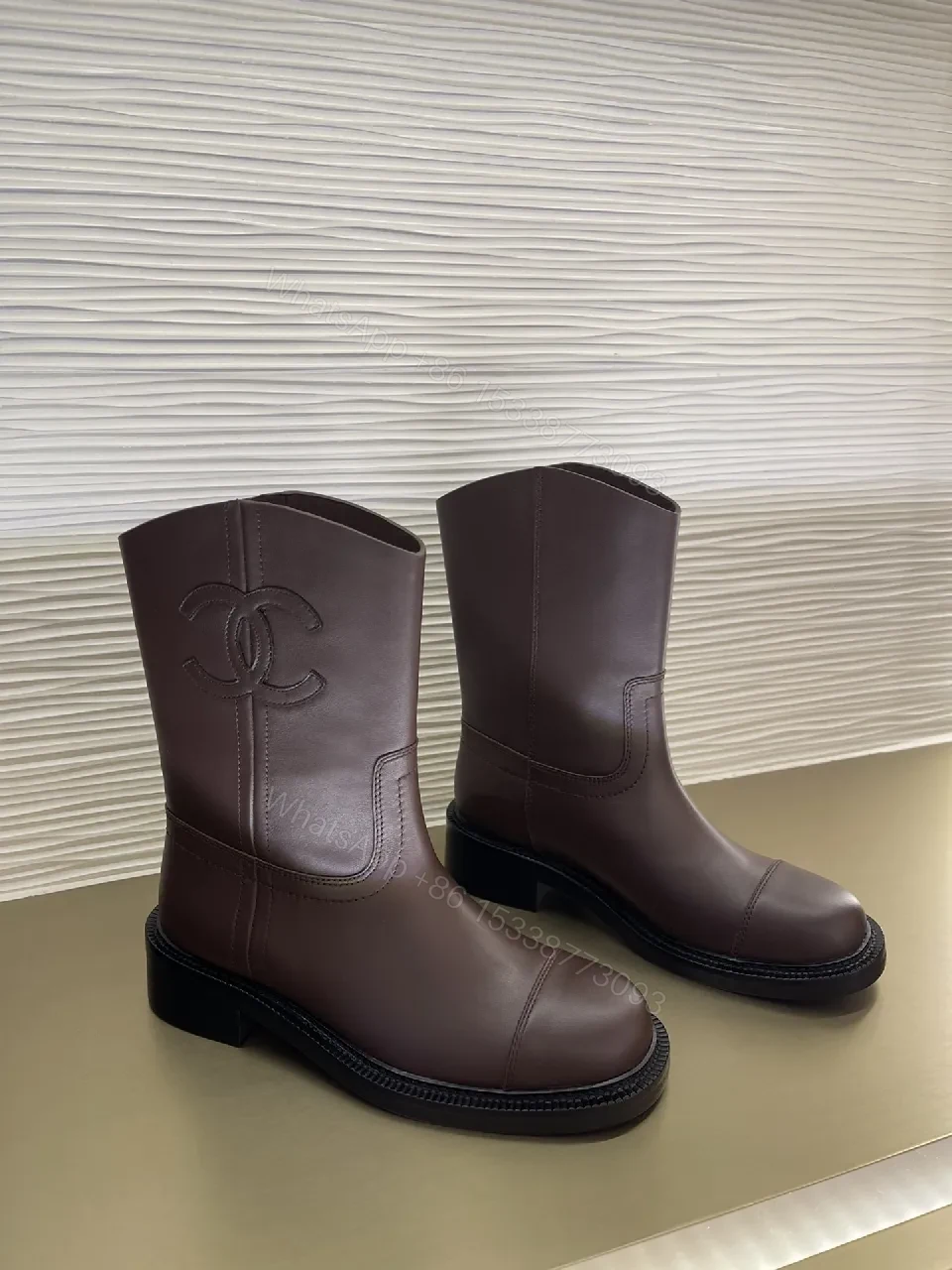 View 3 of Brown Leather Knee-High Boots with Subtle Couture Embellishment