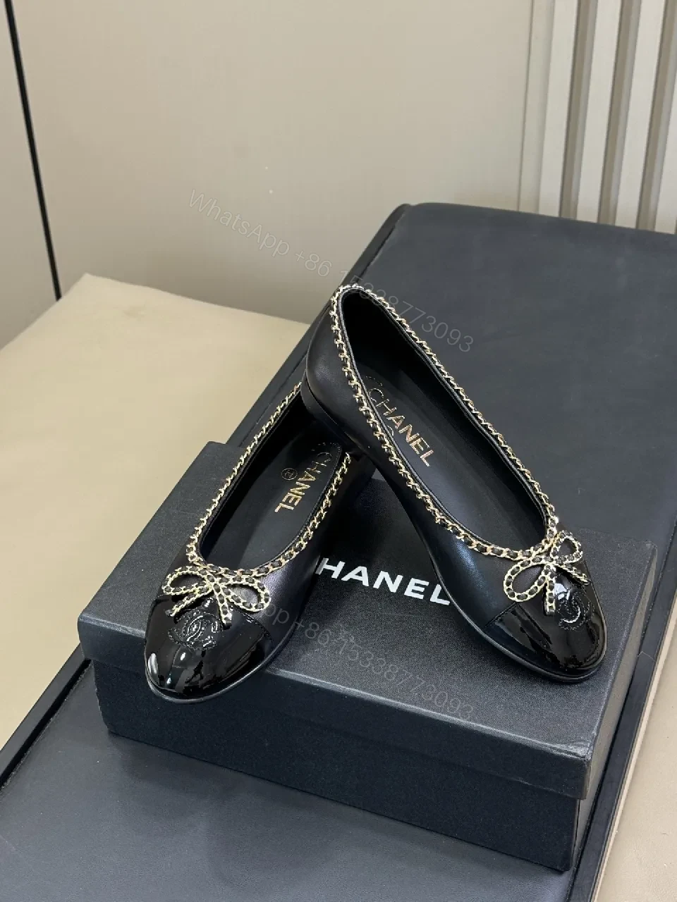 Chic Patent Ballet Flats with Chain Trim, Elegant Everyday Flats — view 1