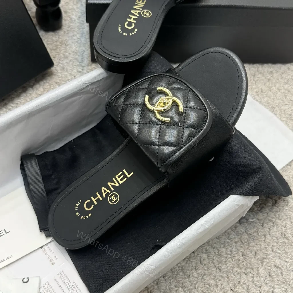 View 4 of Quilted Leather Slides with Gold Logo, Luxe Casual