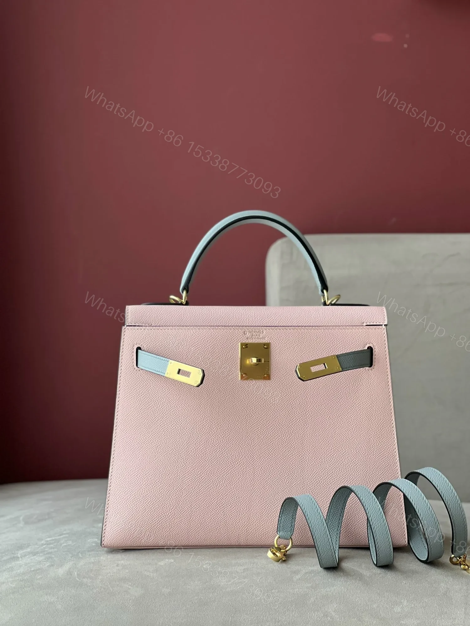 View 2 of HN 25 Rose Sakura & Gris Perle Chèvre Epsom Leather Gold Hardware