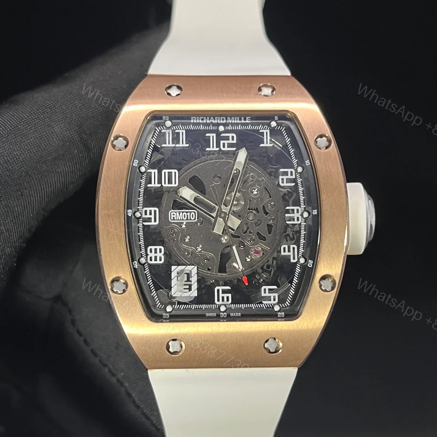 Richard Mille RM010 Titanium Skeleton Automatic Gold Bezel White Strap Watch RM010-GW — view 1