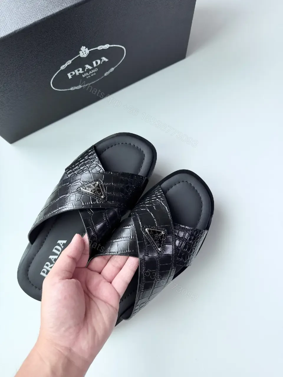 View 4 of Black Leather Quilted Prada Slides, Wide Strap, Luxury Sandals